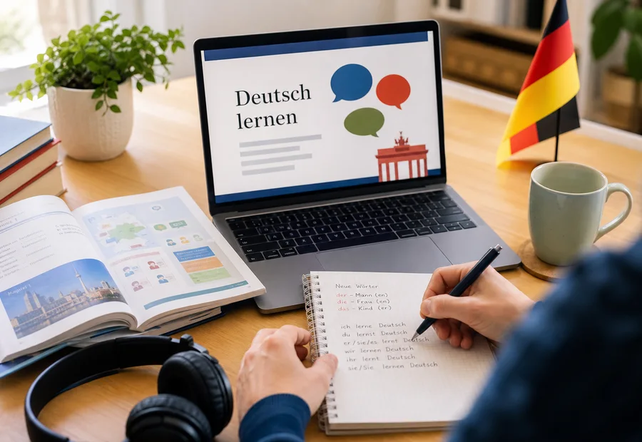Beginner German lesson materials on a home study desk