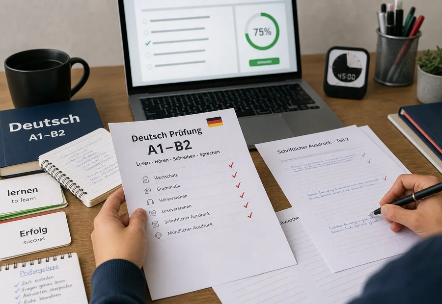 German exam preparation papers and online quiz materials