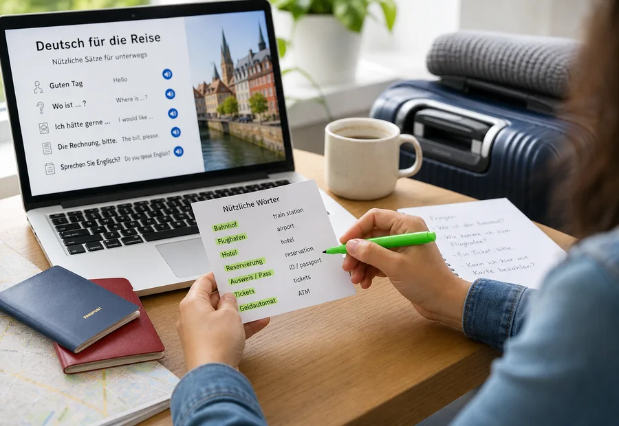 German travel and relocation study setup with laptop and documents